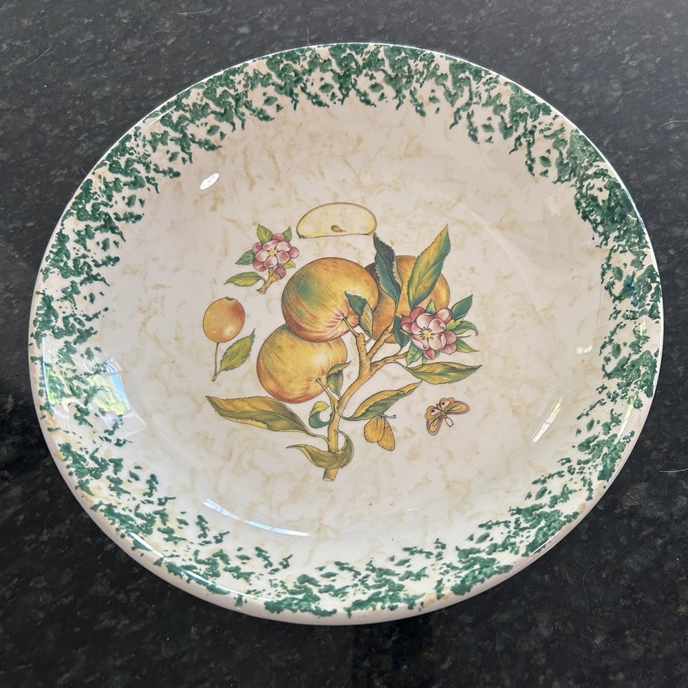 Vintage Himark from Italy pasta bowl green spongeware trim w/apples